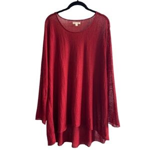 Eileen Fisher Fine Organic Linen Crepe Knit Jewel Neck Top High Low Serrano Red